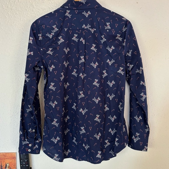 Talbots Navy Blue Button-Down Shirt with Dog and Candy Cane Print. - Picture 2 of 6